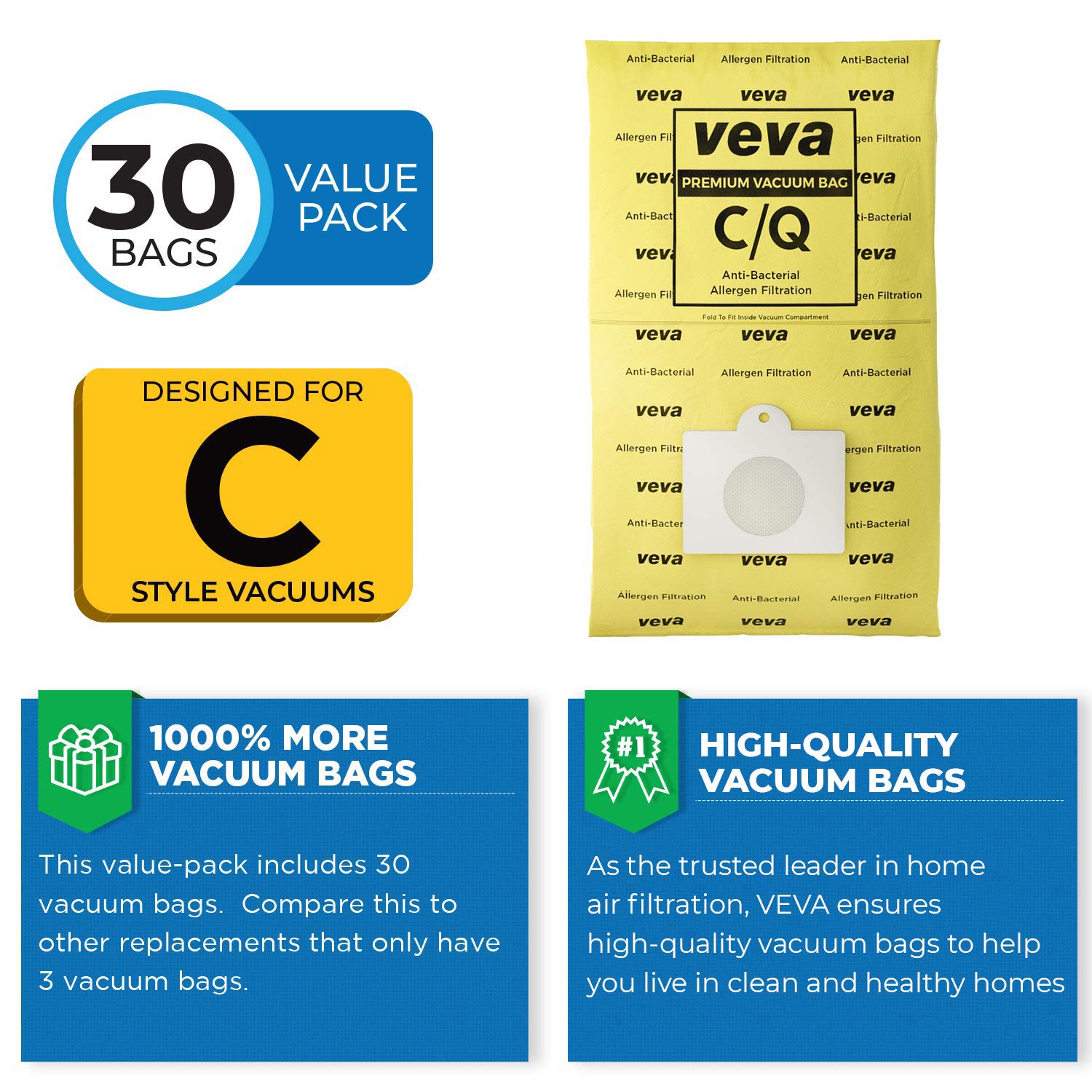 30 Pack VEVA Premium SuperVac Vacuum Bags Type C compatible with