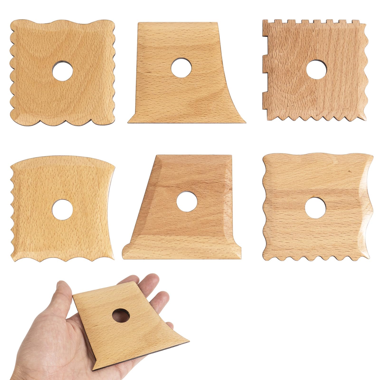 DIYOOHOMY 6 Pcs Wooden Pottery Ribs Trimming Tools, Beech Wood Clay Foot Shaper Set for Wheel Throwing Carving Sculpting Texturing, Pottery and Ceramics Clay Tools Supplies