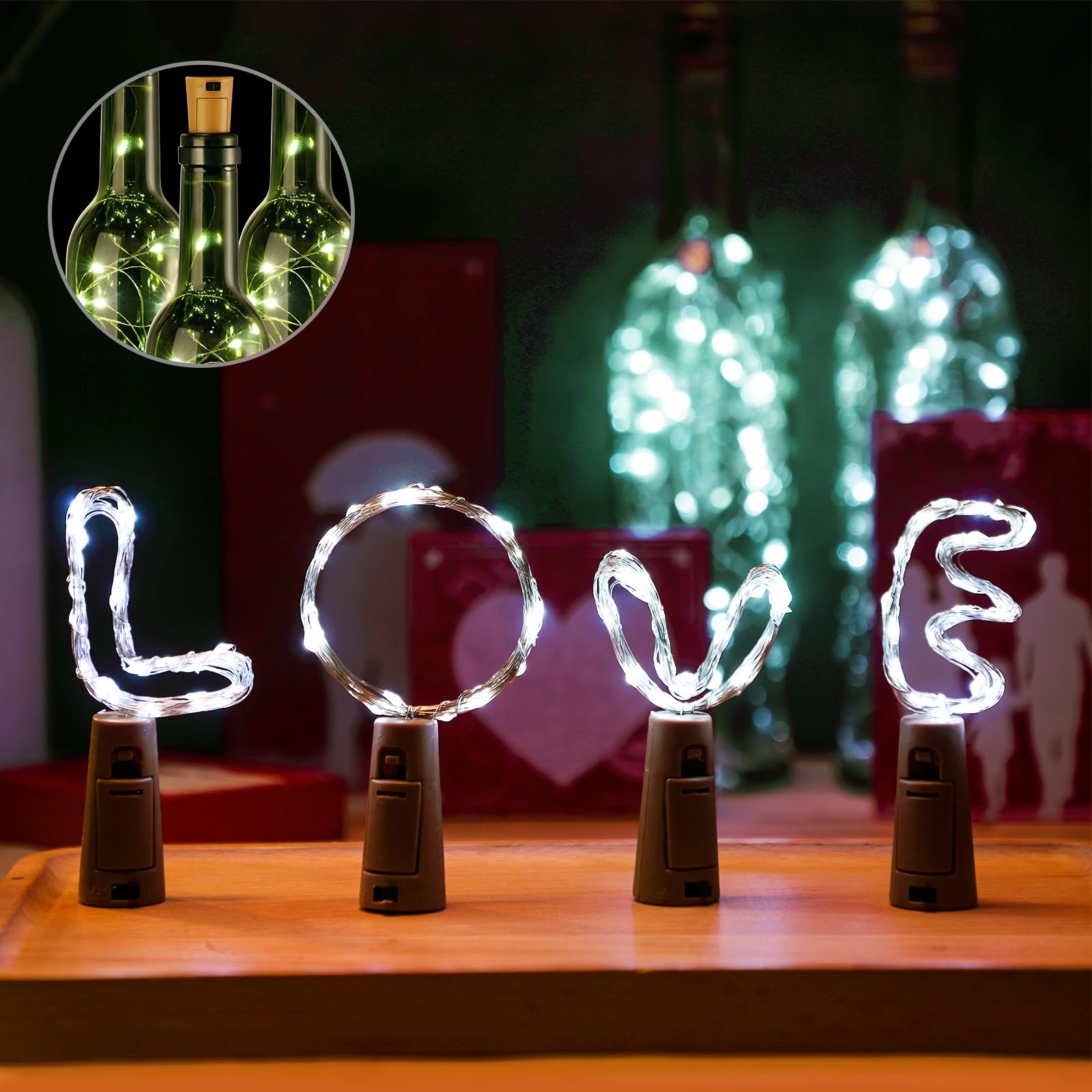 Rtteri 24 luci per bottiglie di vino con sughero, 12 bottiglie di vino vuote e 12 luci a 30 LED impermeabili a batteria, per decorazioni per feste di nozze (bottiglia verde scuro, 25,4 x 6,1 cm)