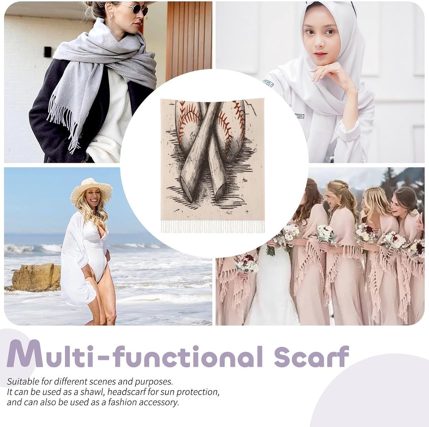 Hand Drawn Baseball Bats And Ball Winter Scarf for Women Soft Tassel Scarves Oversized Wraps Long Shawl Cold Weather Thick Blanket Scarfs