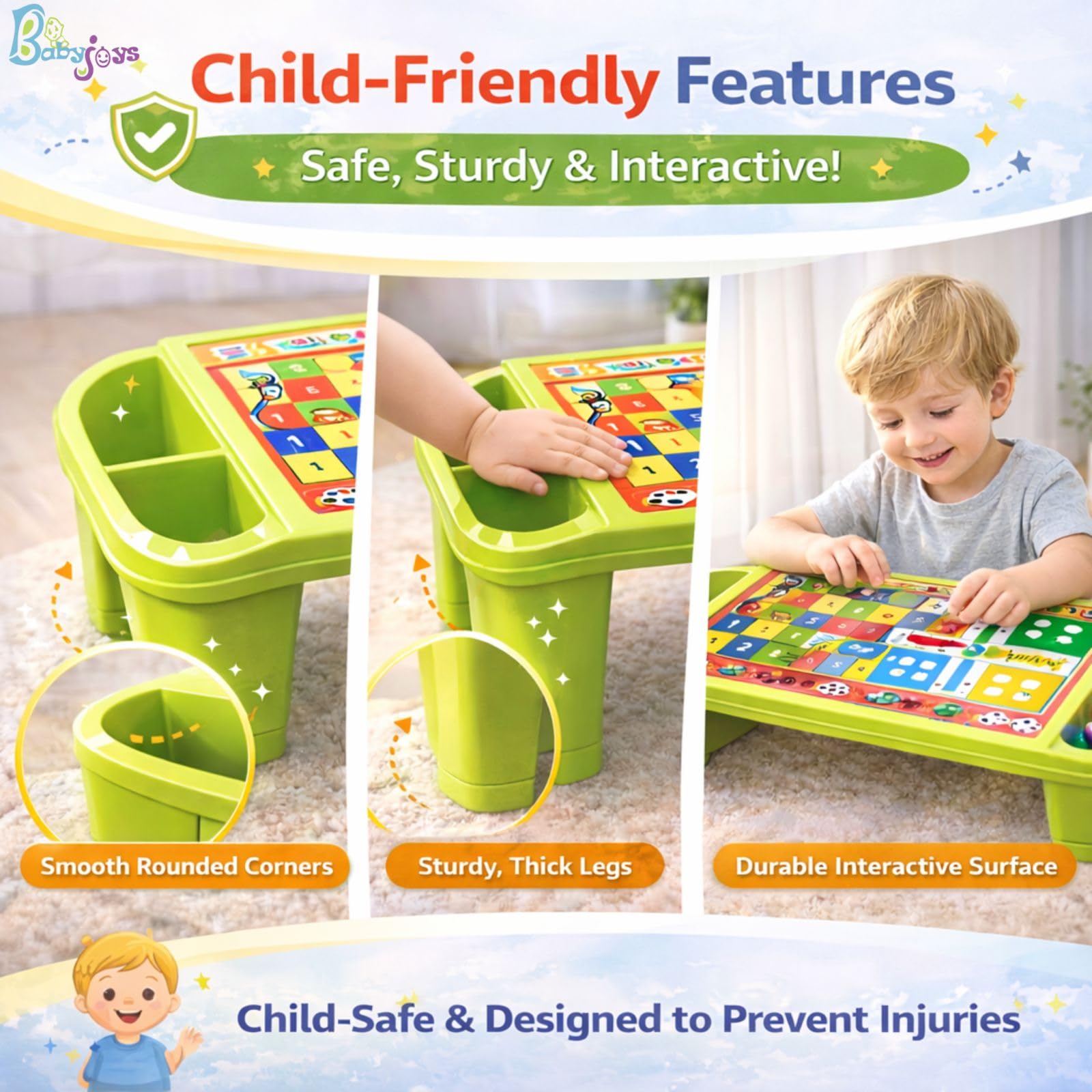 Babyjoys Multipurpose Plastic Kids Table with Side Storage β Bed Table for Eating, Study, Art & Craft, Games & Drawing (Green) 2