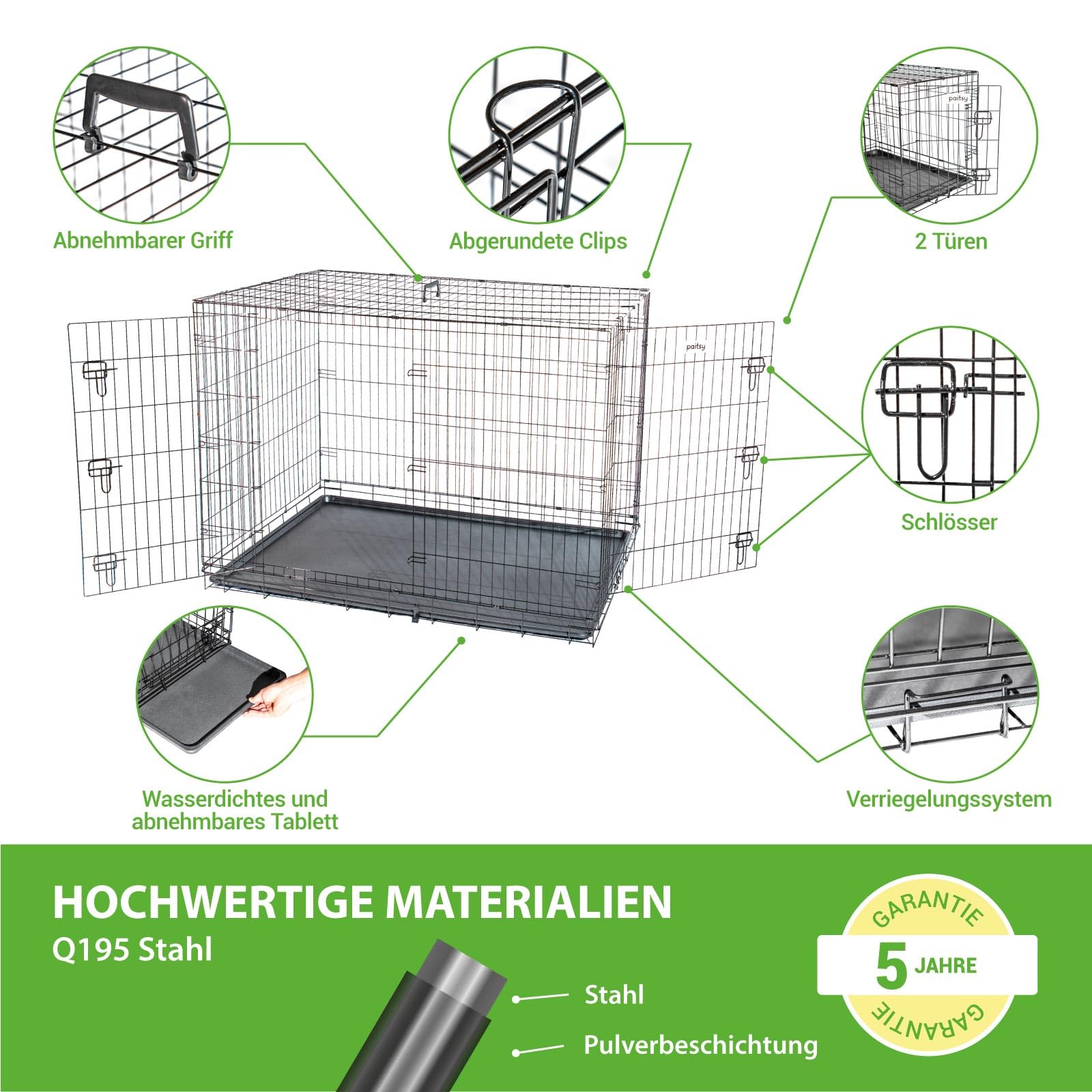 Hundetransportbox klappbar, Hundebox für mittelgroße Hunde 137x94x114cm, 2 Türen, herausnehmbares Tablett, für Innenbereich, 5 Jahre Garantie