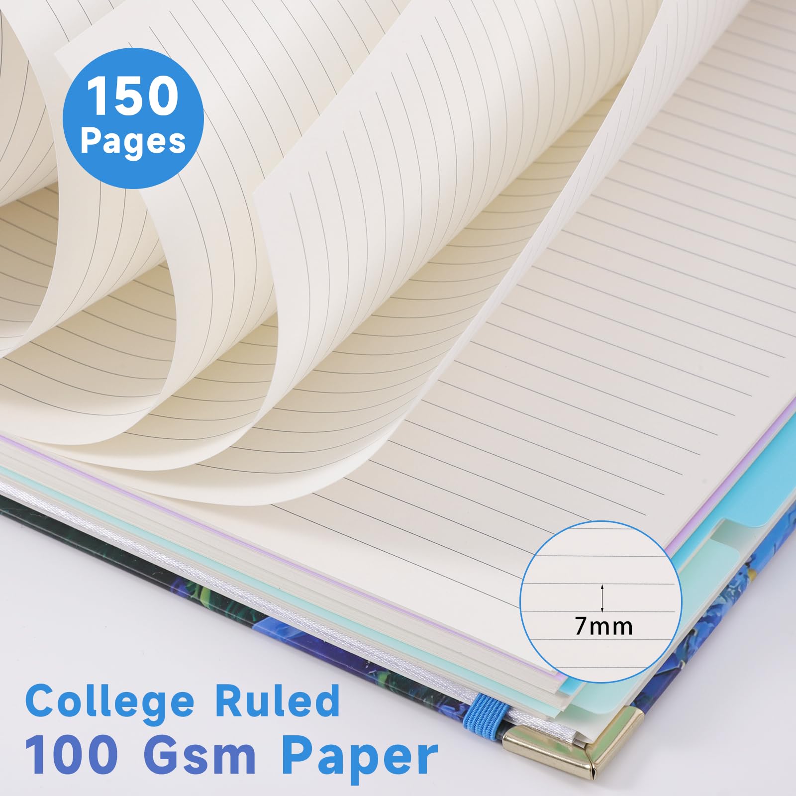 Thboxes 280 Pages Large Spiral Lined Notebooks for Work, 5 Subject A4 Journal Notebooks with Dividers Tabs Pockets 8''x 10'' College Ruled for Women Men Study & Office Organization,Purple flowers