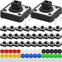 30pcs 12x12x7.3mm Momentary Tactile Tact Push Button Switch SMD PCB Panel Micro Switch with 4 Pin Round Assortment Kit Multi-Color Cap, 0.6mm Solder Wire, Compatible with Camera, Microwave