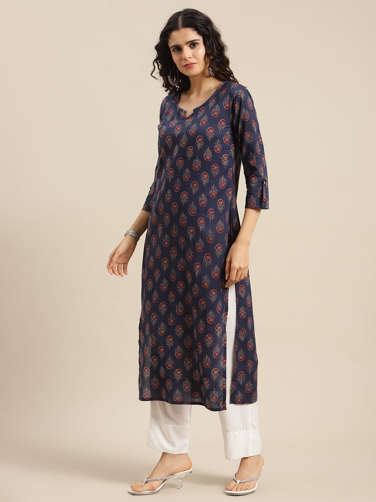 Varanga Women Navy Blue Ethnic Motifs Straight Kurta  Round Neckline With V Notch, 3/4Th Sleeves, Side Slit, Printed Design, Comfortable & Stylish Indian Wear (Double Extra Large)