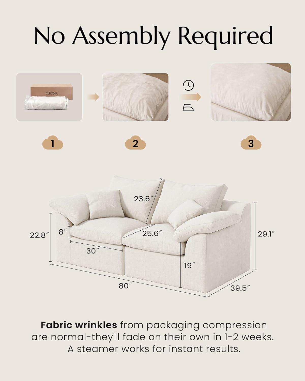 High Back Boneless Cloud Couch, Luxury Chenille Modular Cloud Sofa, No Assembly Loveseat with Removable Covers, Soft Sectional Couches for Living Room, Warm White, V2.0