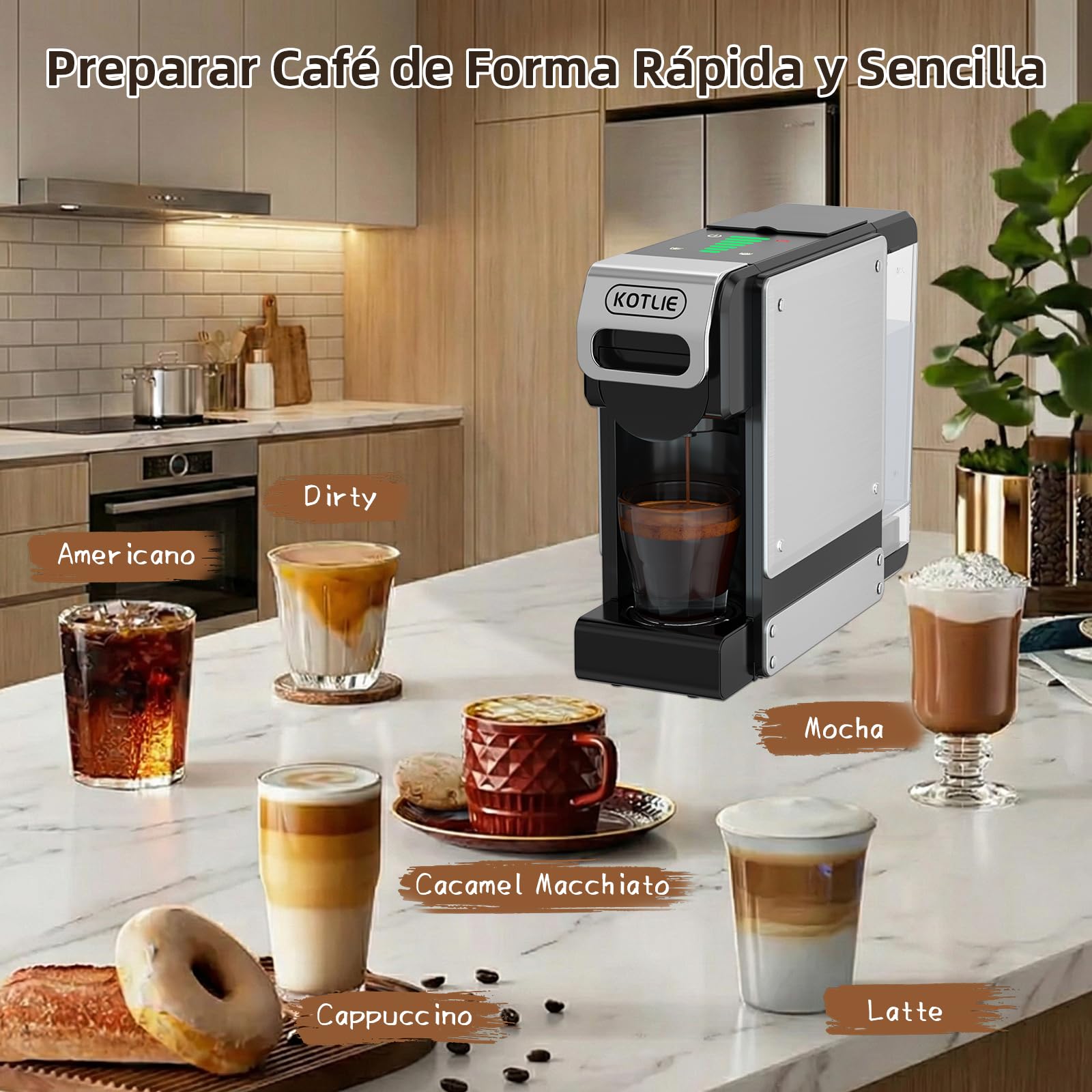 4 en 1 Máquina de Café en Cápsulas 19BAR para Lavazza MIO/Nespresso Original/Dolce Gusto cápsulas y Café Molido, Máquinas Automáticas de Café Espresso en Cápsulas Pequeñas, 1L, 1450 W