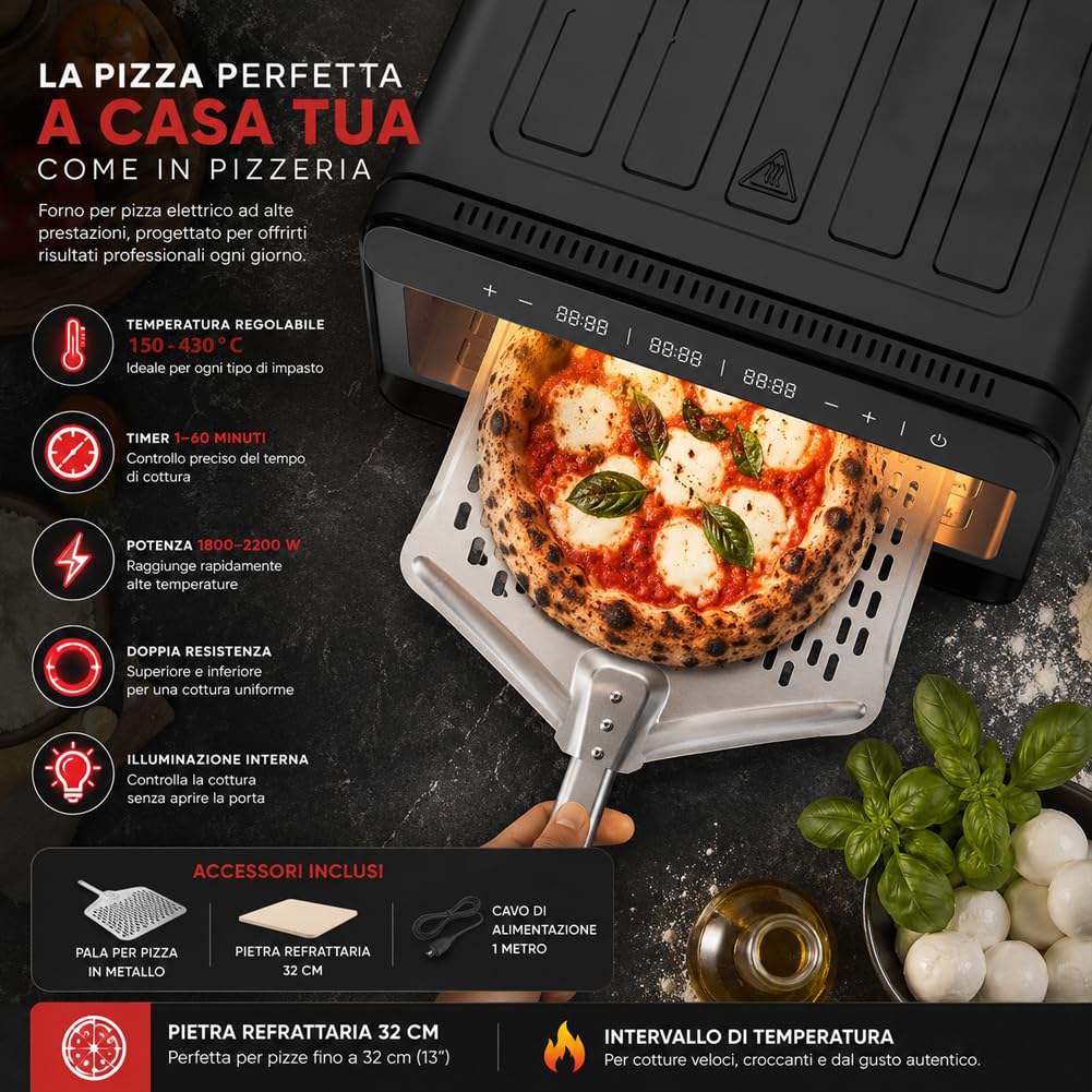 BAKAJI Forno Elettrico per Pizza Potenza 2200Watt, Pietra Refrattaria da 32 cm, Cottura in 3 Minuti, Calore Omogeneo 360°, Pizza Maker con Timer Regolabile, Temperatura 150-430°C, Nero
