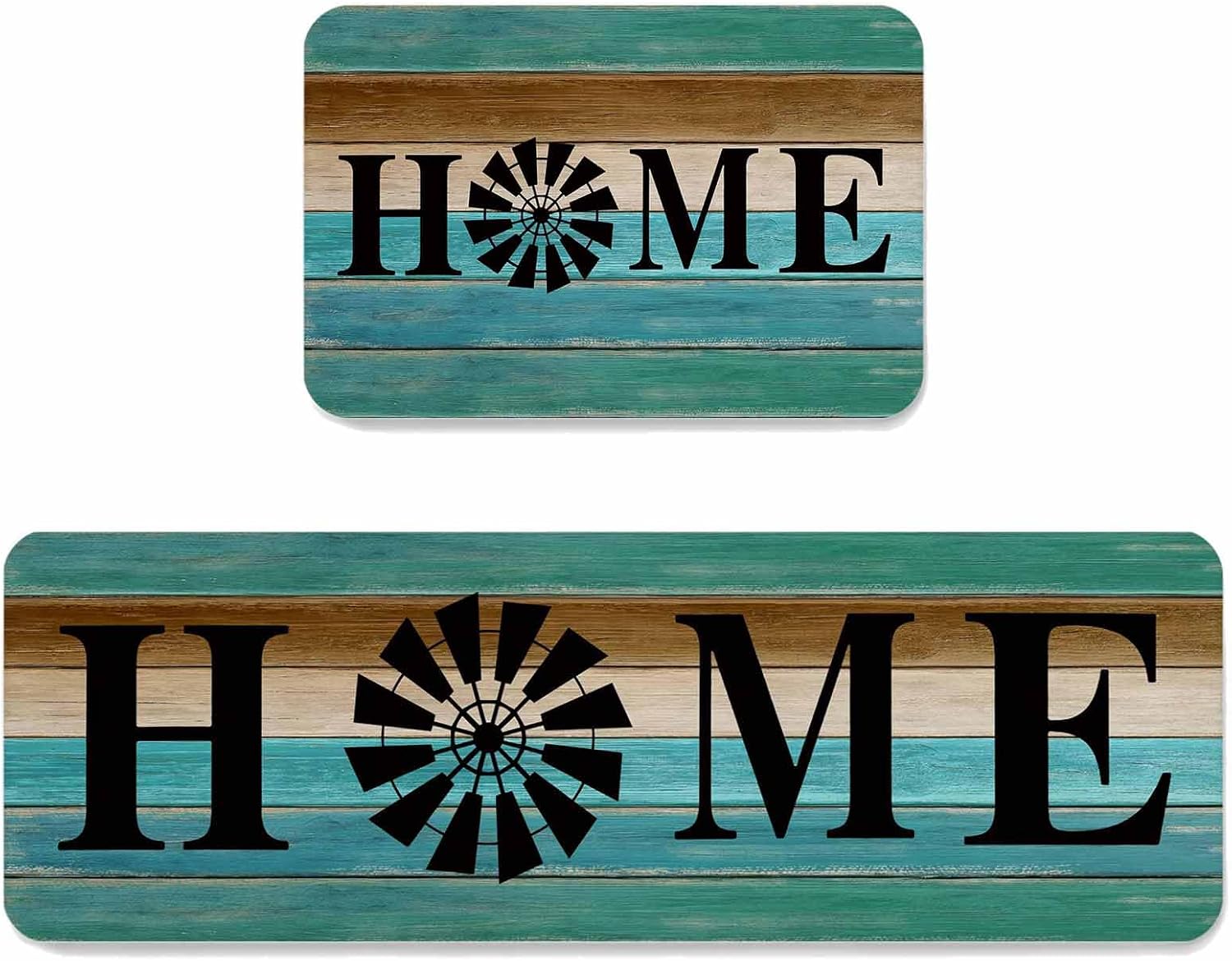 Prime Leader Vintage Home Kitchen Mat Set 2 Pieces Retro Blue Brown Wood Grain Farm Windmill Non Slip Kitchen Rugs Washable Runner Rug Mats for Sink Laundry (15.7" x 23.6"+15.7" x 47.2")