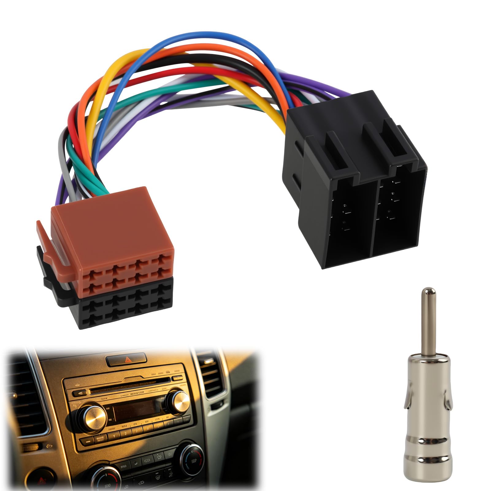 Zestaw adapterów do radia samochodowego, 16 pinów, wtyczka ISO na gniazdo, adapter antenowy DIN/ISO z zaciskiem wtykowym 15 i 30, przedłużacz radia do radia samochodowego, wiązki kabli, adapter do