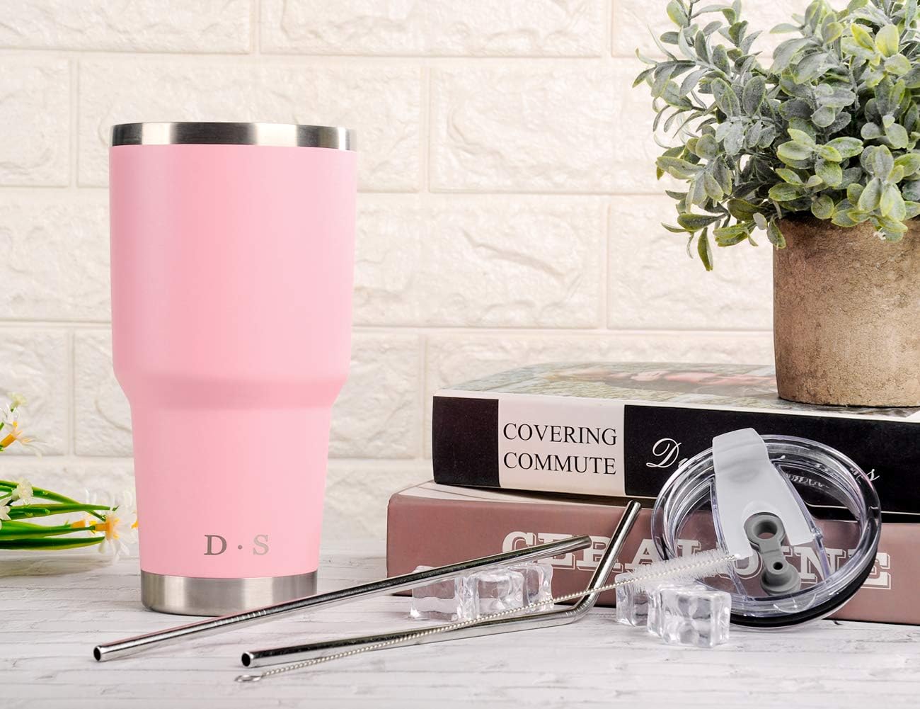 D·S 30 oz Pink Tumbler Stainless Steel Double Wall Vacuum Insulated Mug with Straw and Lid, Cleaning Brush for Cold and Hot Beverages (30oz Pink) - Image 4
