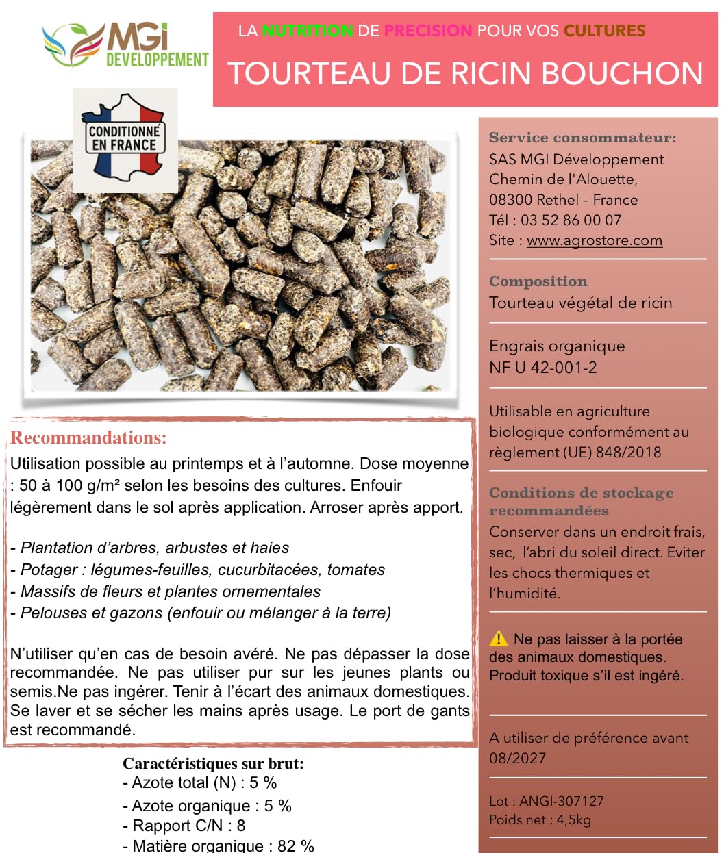 4,5 kg Tourteau de Ricin Bouchon- Engrais organique NF U 42-001-2 – Utilisable en Agriculture Biologique - Conditionné en France
