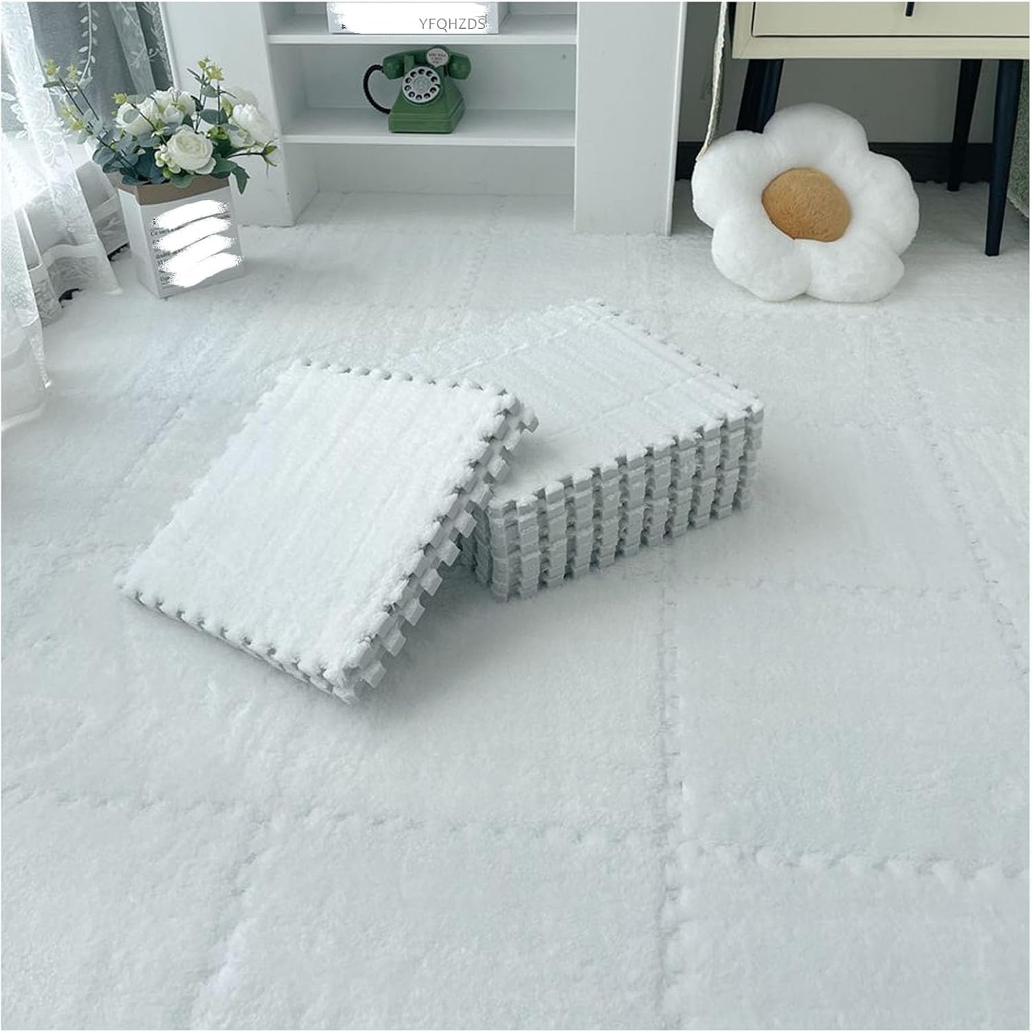 JvFbjLF Soft Plush Interlocking Floor Mats 12x12inch Puzzle Carpet Squares Fluffy Foam Floor Tiles With Border(White)