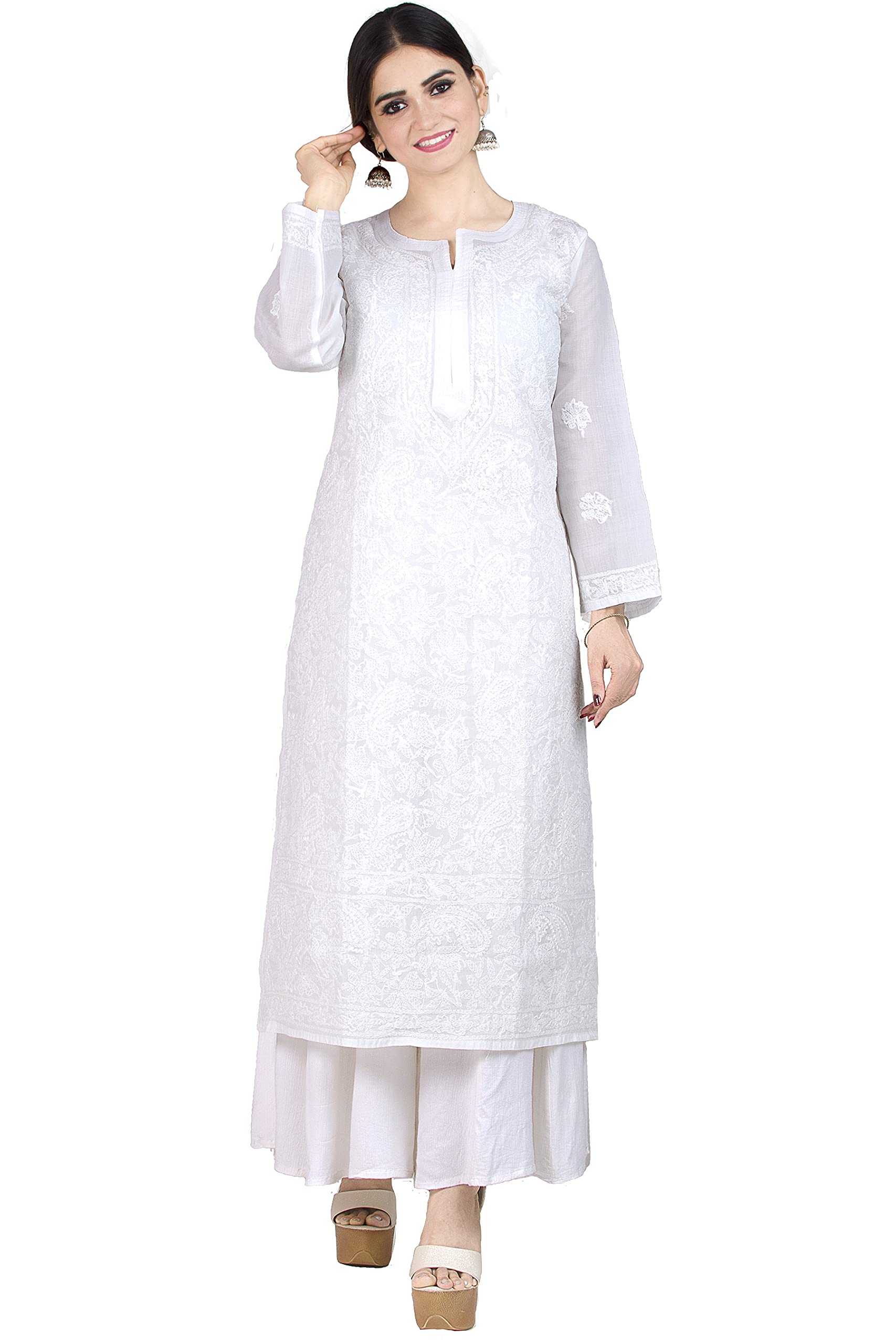 Women's Hand Embroidered Lucknow Chikankari Indian Ethnic Tunic Top Kurti Kurta Dress (K183)