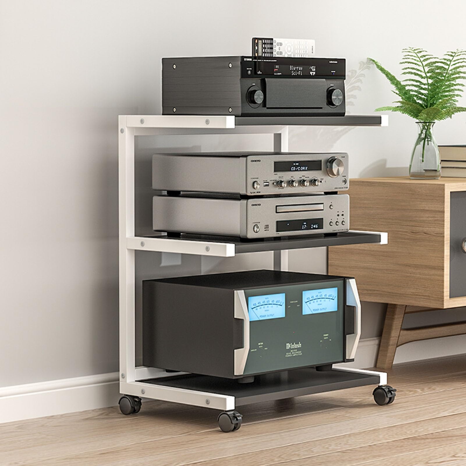 Movable AV Media Stand CD Player Stand Stereo Component Cabinet Audio Tower Multi-Functional Storage Rack with 3 Tier Wooden Shelf for Home/Office/Theater, 50x40x70cm (Color : A)