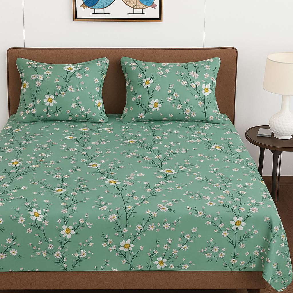 BSB HOME 100% Cotton Feel Double Bed Bedsheet Set | 144 TC Soft & Breathable | Mint Green White Flower Print with 2 Pillow Covers | Wrinkle Free | for Bedroom (90 x 90 Inches)