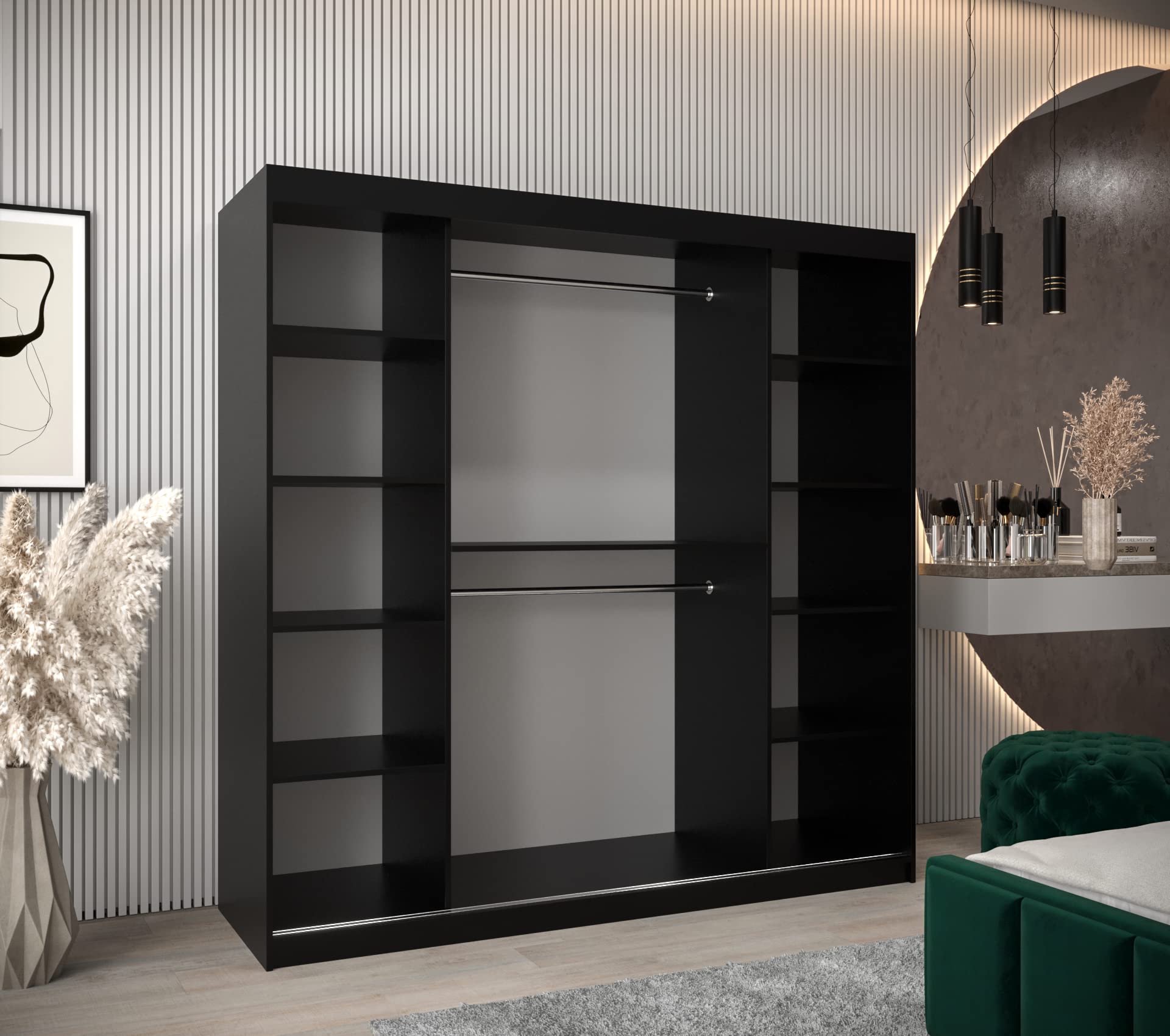 ABIKSMEBLE Verona 2 200 Armadio da Camera a Due Ante Scorrevoli - Armadio Moderno con Specchio, Barra e Ripiani - 200x200x62 cm (L x A x P) - Nero Opaco