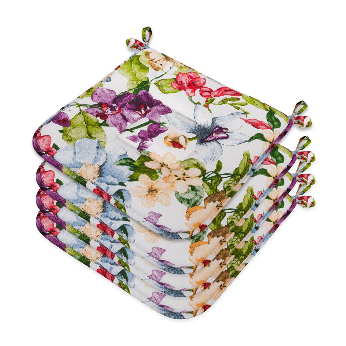 emmevi Juego de 4 cojines para silla de algodón, lavable, con cordones universales, funda para silla suave, cocina, flores, mariposa morada