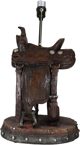 Miniatura 4 de Ebros Gift Sillín de caballo vaquero rústico del suroeste de cuero sintético con conchos y hebillas, lámpara de mesa de escritorio de resina con