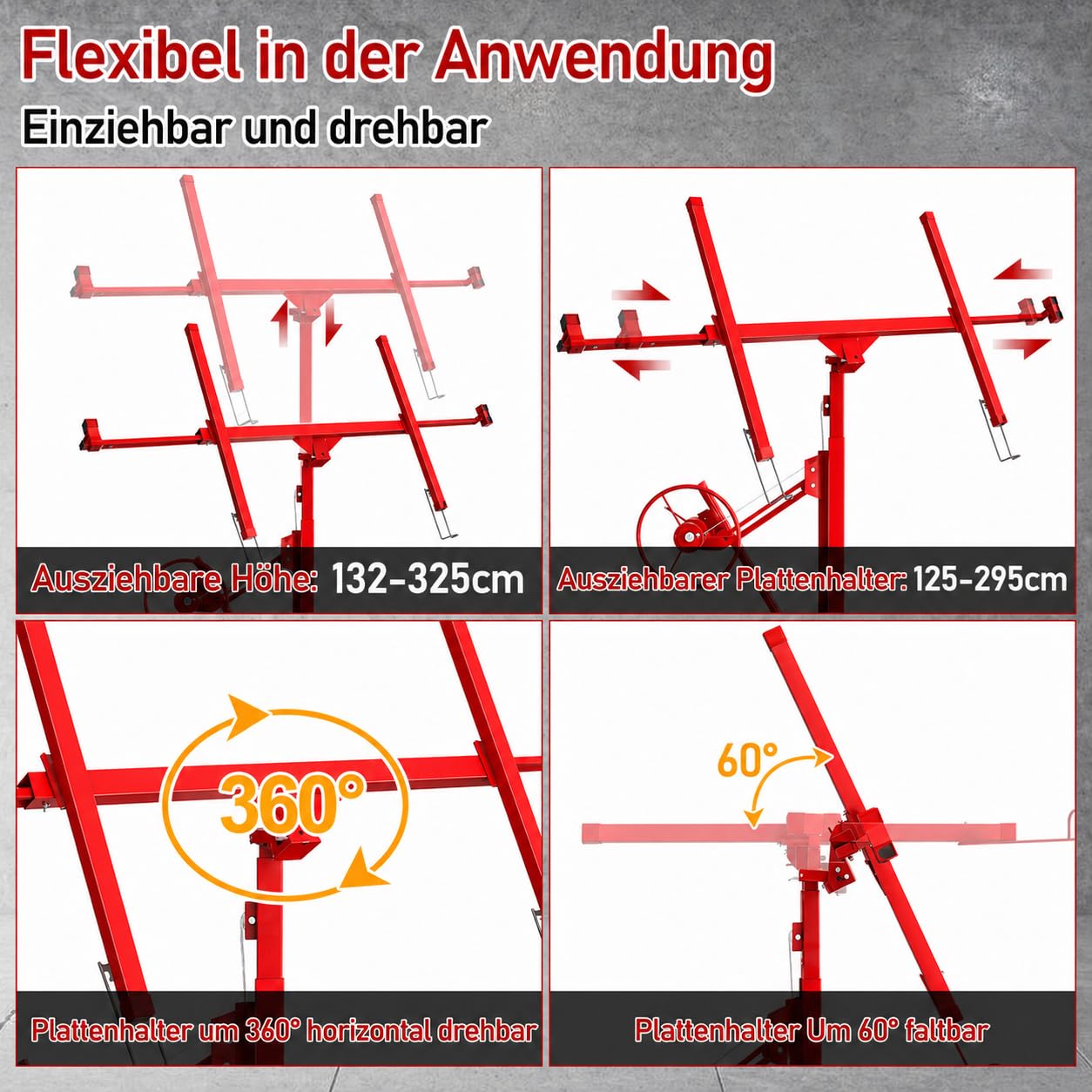 Ikodm Plattenheber klappbar XXL für Rigipsplatten, 132-335cm Arbeitshöhe höhenverstellbar, max 290cm Lastarmbreite und 68 kg Traglast, Rot