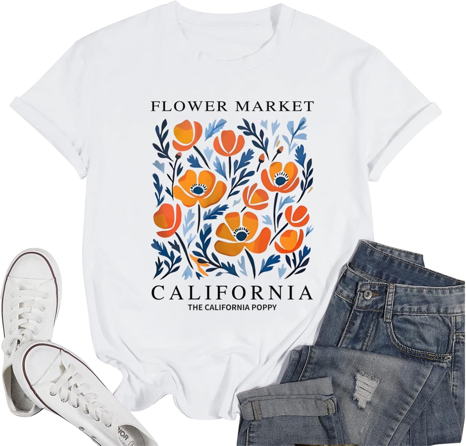 California Poppy Shirt Flower Boho Aesthetic Floral Shirts for Women Vintage Graphic Tees Wildflower Shirt Casual Top