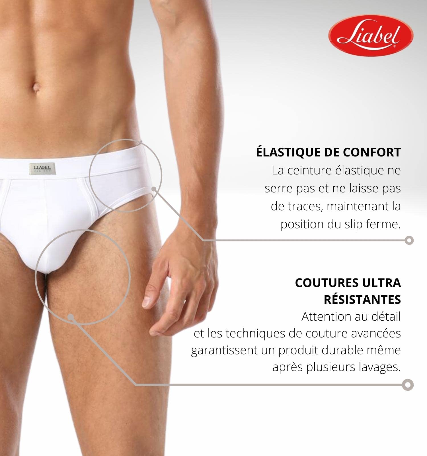 Liabel® Lot de 6 Slips pour Homme 100% Coton Blanc Coloré