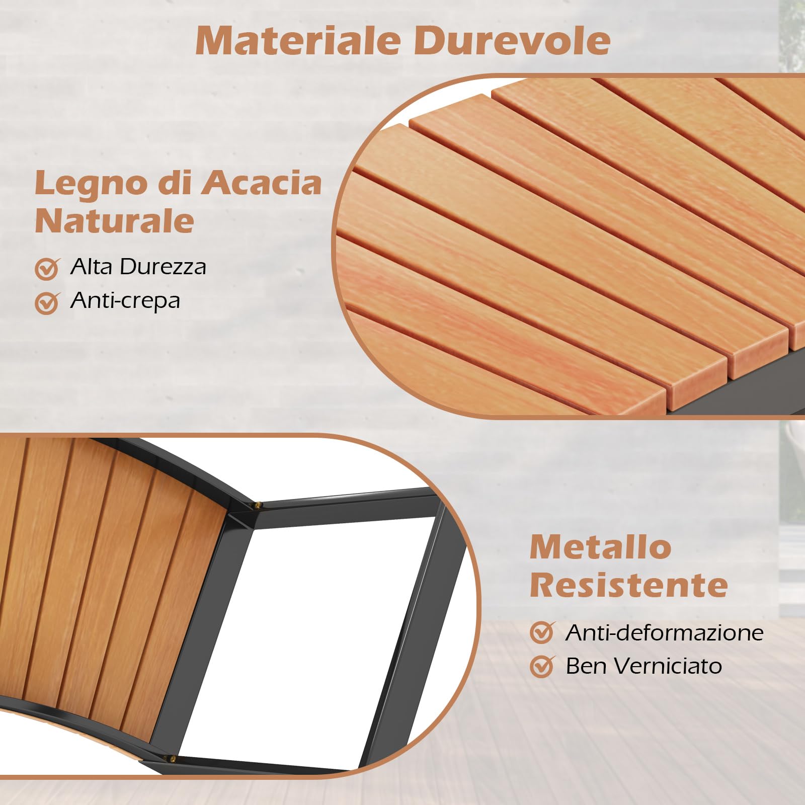 COSTWAY Panchina da Esterno 146 x 58 x 45 cm, Panca in Legno di Acacia 2 Posti con Gambe in Metallo, Panchina Curvata per Giardino, Cortile e Patio, Marrone e Nero (1)