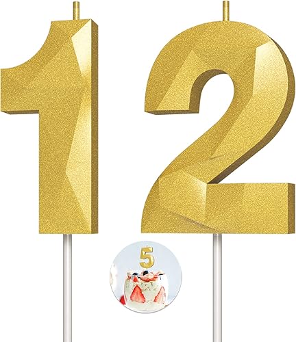 Velas de cumpleaños con número (12 velas doradas) con forma de diamante 3D, velas de pastel de feliz cumpleaños para fiesta de cumpleaños, boda,