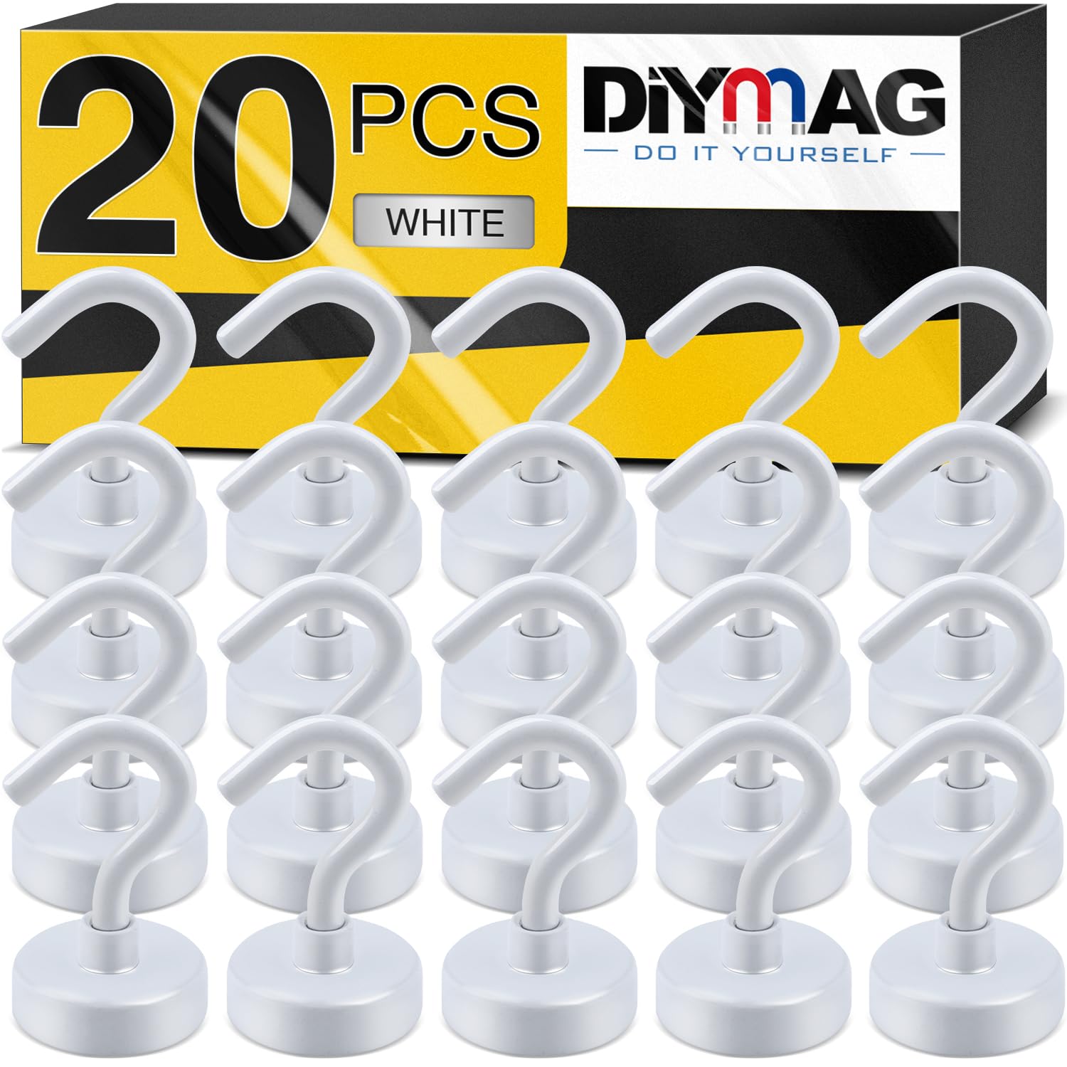 DIYMAG Magnetic Hooks, 30Lbs Strong Heavy Duty Cruise Magnet S-Hook for Classroom, Fridge, Hanging, Cabins, Grill, Kitchen, Garage, Workplace and Office Etc, (20 Pack-White)