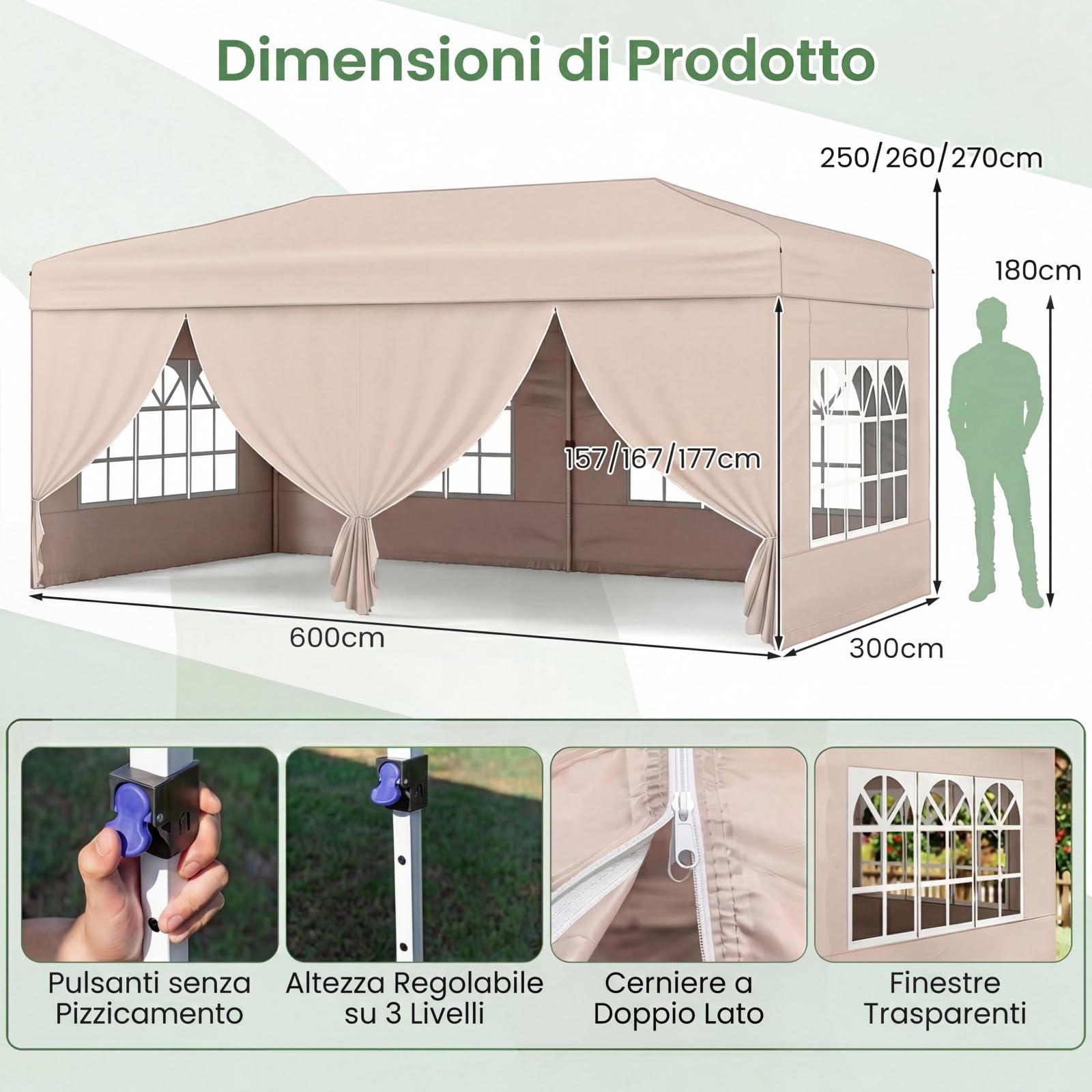 COSTWAY Gazebo da Esterno Pieghevole 3 x 6 m, Gazebo Resistente e Robusto, Tendone Regolabile in Altezza con Pareti Laterali, 6 Sacchi di Sabbia e Borsa, per Feste, Campeggio e Fiere (Beige)