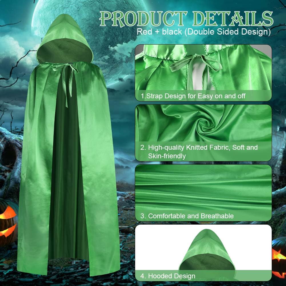 Aomig Green Hooded Cloak Long Cape for Adult, Long Cape Grim Reaper Vampire Witch Carnival Halloween Adult Wizard Costume, Adult Wizard Cape Fancy Dress Costume Cosplay Accessories(150cm/59in) - Image 2