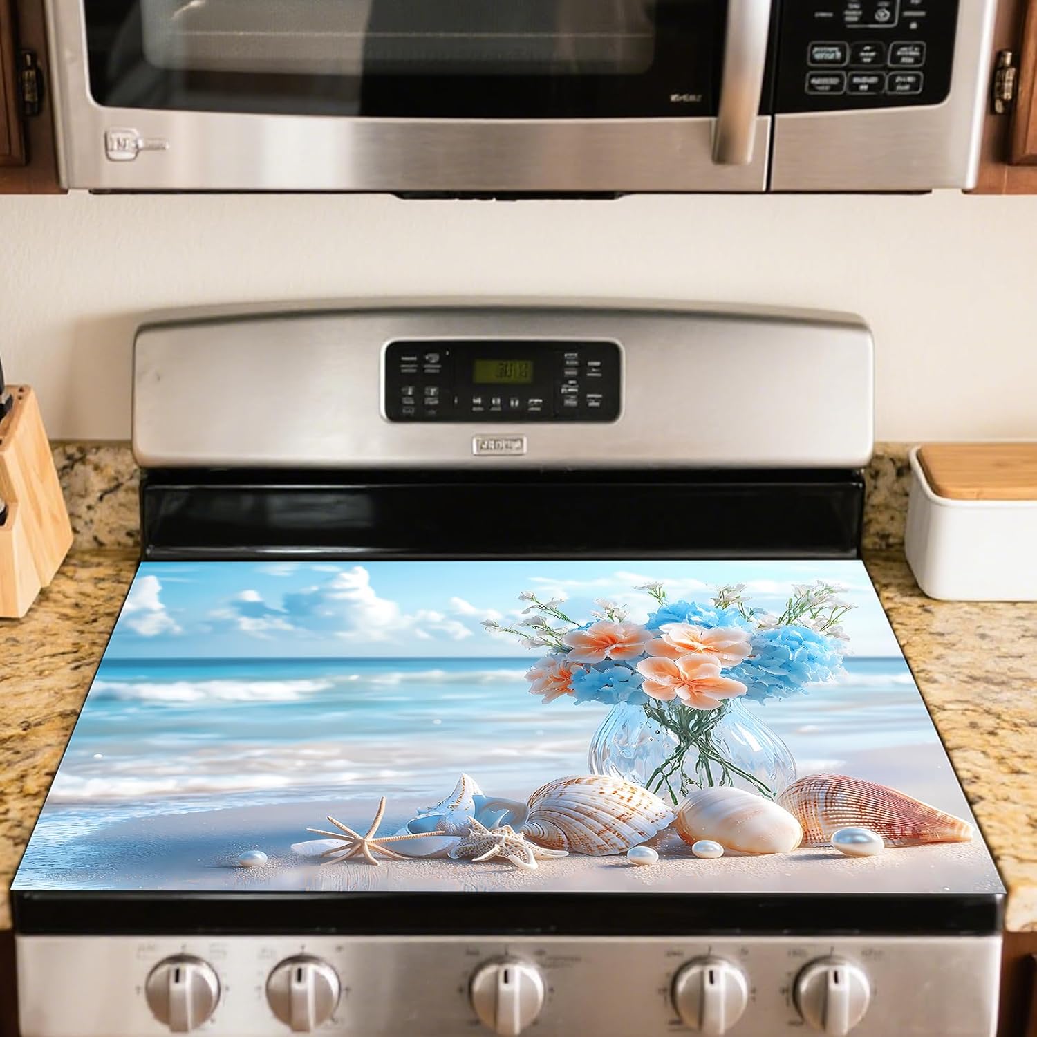 Nuxovilar Stove Top Cover for Electric Stove, 20x28 Inch Polyester Glass Cooktop Protector with Beach Shell & Flower Seaside Design, for Kitchen Decor & Daily Use