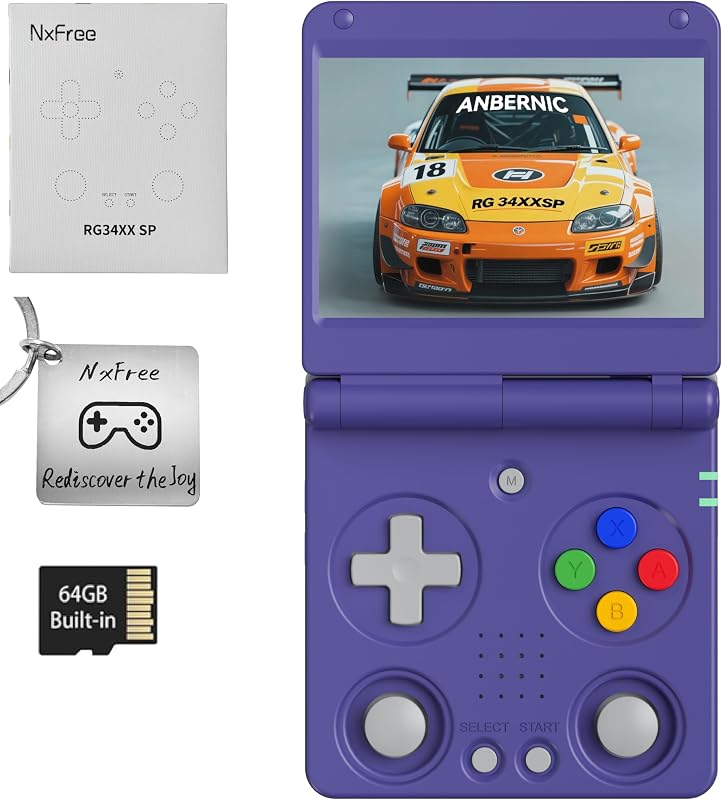 NxFree Anbernic RG34XXSP Retro Gaming Console – Flip Design, 3.4'' IPS Screen 720×480, 64G TF Card with 5000+ Games, Portable Handheld, 3300mAh Battery, WiFi HDMI Bluetooth (Indigo 64G)