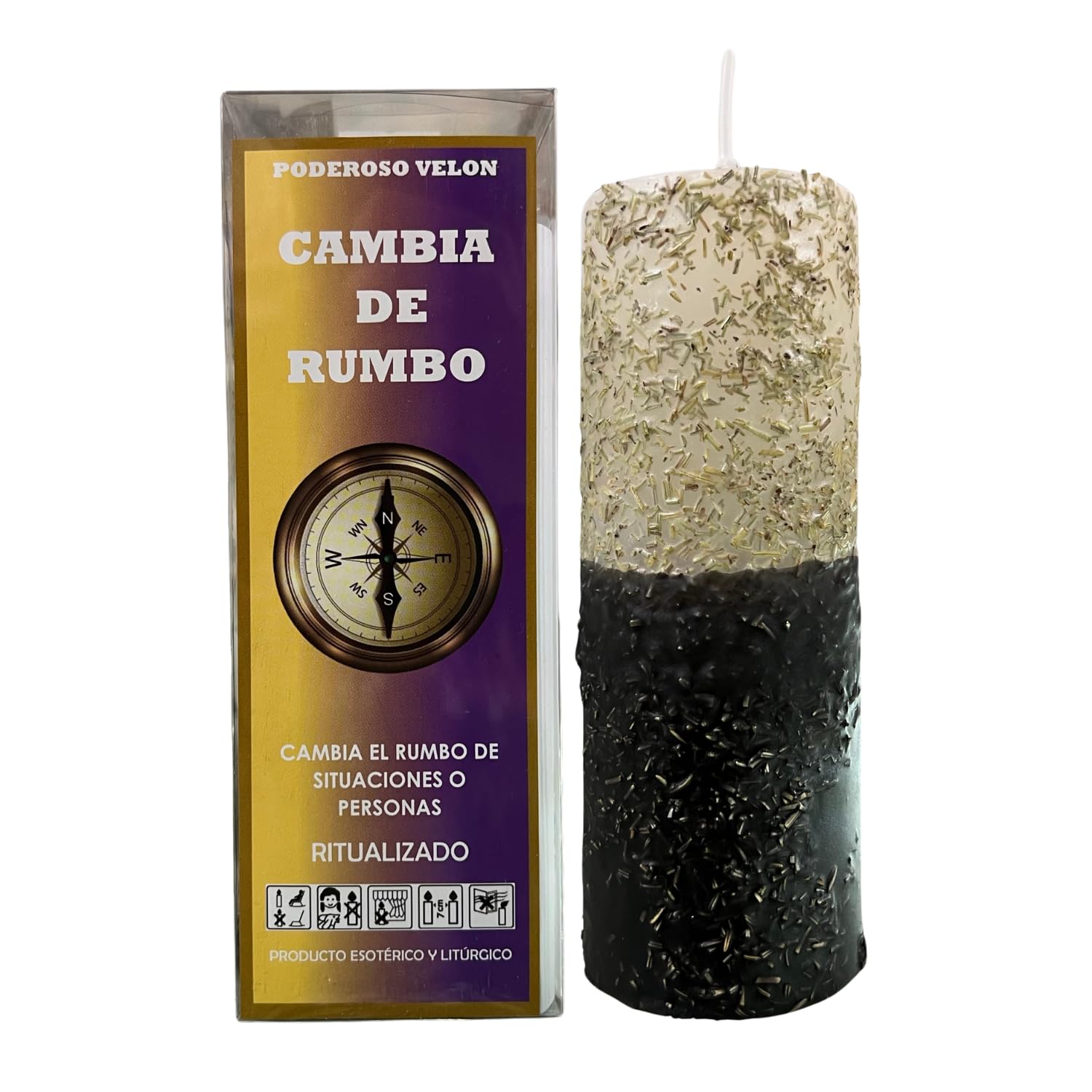 Velón Cambia de Rumbo para Cambiar el Rumbo de las Situaciones o Personas | Velón Ritualizado Herbóreo Blanco y Negro con Polvos Especiales e Instrucciones de Uso con Oración.