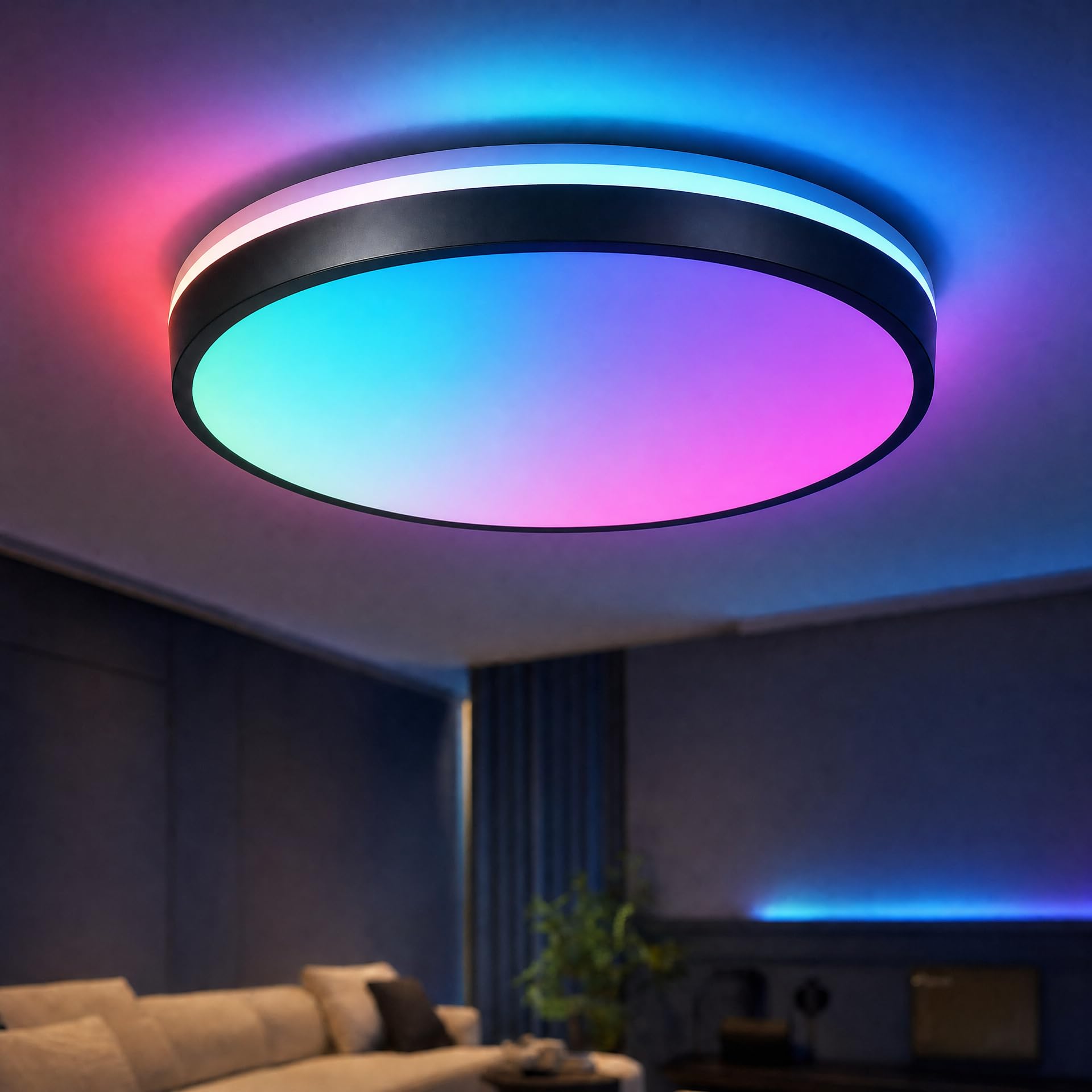 Lampa sufitowa Bluetooth 24 W z głośnikiem 30 cm, lampa sufitowa LED, muzyka i pilot zdalnego sterowania, zmiana koloru do łazienki w pokoju dziecięcym (czarna)