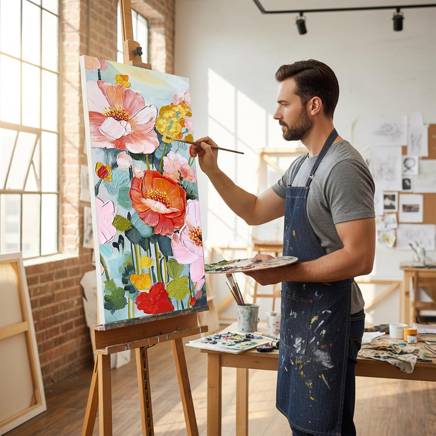 Large High-End Hand Painted Floral Oil Painting, Colorful 3D Textured Pink Flower Canvas Wall Art with Black Aluminum Alloy Frame, Bright Modern Botanical Home Decor for Living Room, 20" x 32"