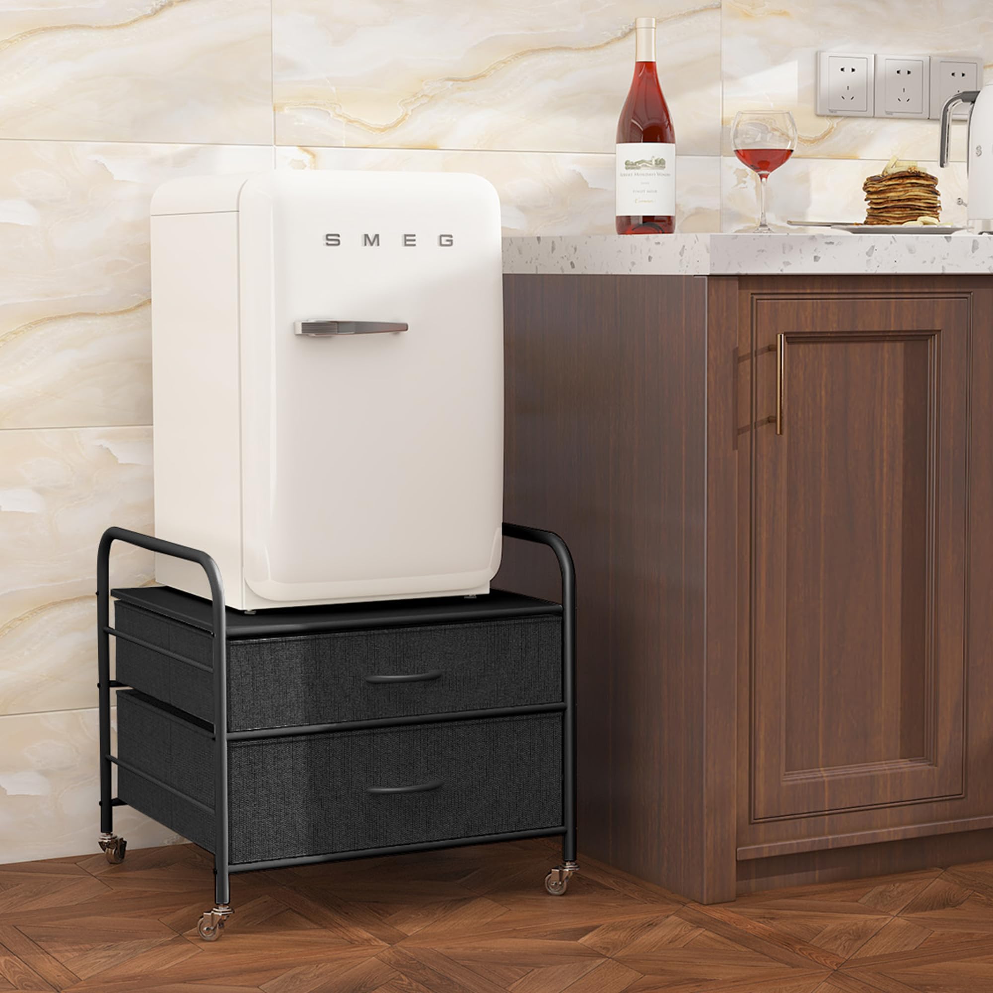 Amazon.com: EazeHome Mini Fridge Stand with Storage, 120LBS BlackMini Fridge  Table, 2 Drawer Fridge Cart with Wheels, Small Refrigerator Stand for Mini  Fridge Beverage, Metal Fridge Stand for Home Office, Dorm :