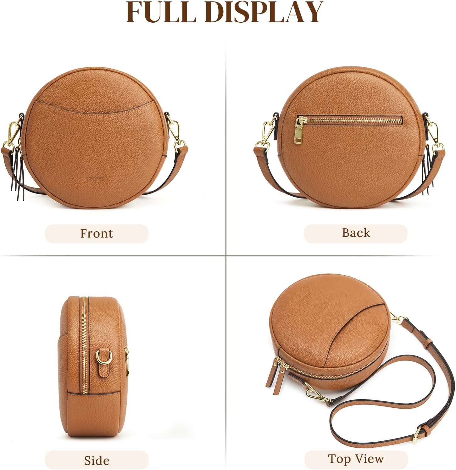 S-ZONE Leather Crossbody Bags for Women Vintage Circle Shoulder Purse Trendy Round Handbag with Adjustable Strap - Image 6