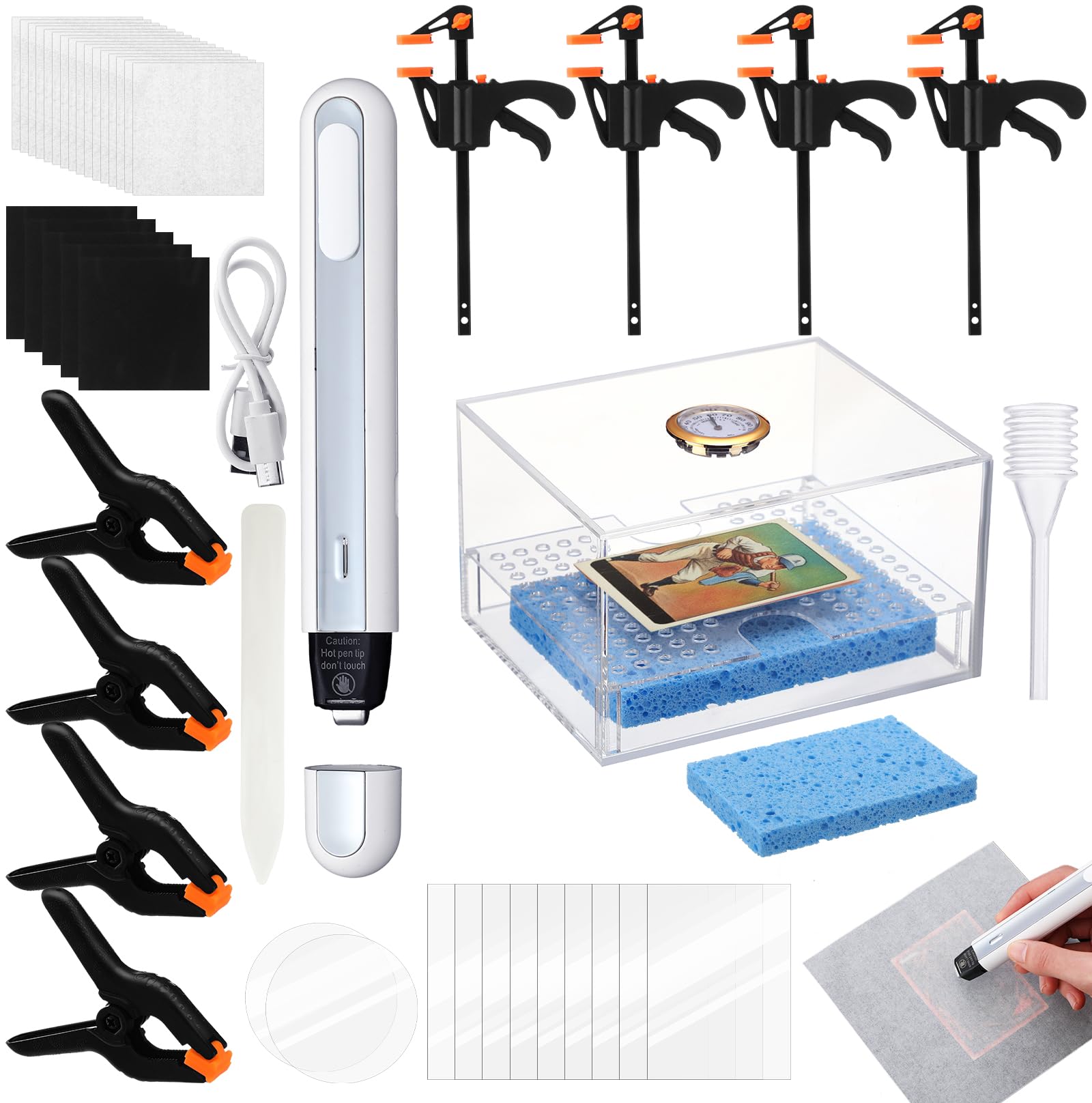 Grinsvalley Kit per la pulizia delle carte commerciali con 1 scatola idratante, 2 fogli acrilici, 8 morsetti in plastica, 5 tamponi, 1 cartella per ossa, 1 penna termica, 10 fogli di plastica, 25