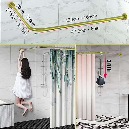 Miniatura 2 de SIKAIQI Barra de cortina de ducha de acero inoxidable 304 elástico en forma de L para bañera (tamaño grande oro 27.55 "-39.37" x 47.24"-