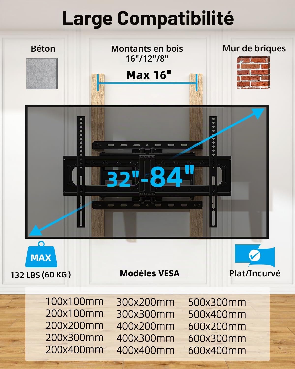 Home Vision HV6601 Support Mural pivotant pour téléviseurs de 32 à 75", VESA Max 600 x 400 mm, capacité de Charge de 60 kg, Support TV à Mouvement Complet avec Pivot de ±60°, Inclinaison 5°/-15°,