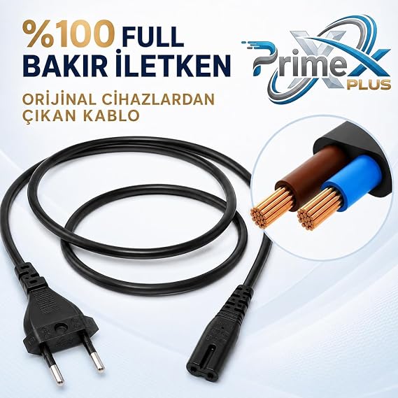 PrimeX PX-TYP18 1.8 Metre Original C7 Euro Teyip Power Kablosu, 2 Pin Sekiz Tip TV Güç Kablosu, PS5 PS4 PS3 Xbox Series LED TV Radyo Teyp DVD TV Box ve C7 Girişli Cihazlar İçin Full Bakır Power Kablo