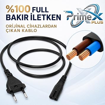 PrimeX PX-TYP18 1.8 Metre Original C7 Euro Teyip Power Kablosu, 2 Pin Sekiz Tip TV Güç Kablosu, PS5 PS4 PS3 Xbox Series LED TV Radyo Teyp DVD TV Box ve C7 Girişli Cihazlar İçin Full Bakır Power Kablo