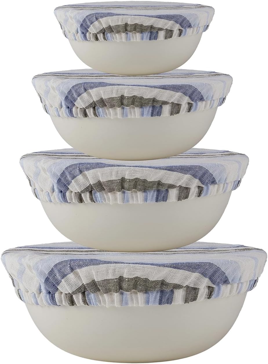 100% Pure Linen Bowl Covers For Bread Proofing, 4 Pcs Elastic Reusable Bowl Covers washable Large Ticking Striped Colorful Cloth Fabric Sourdough Lids, 6 * 8 * 10 * 12 Inches-Stripe 4