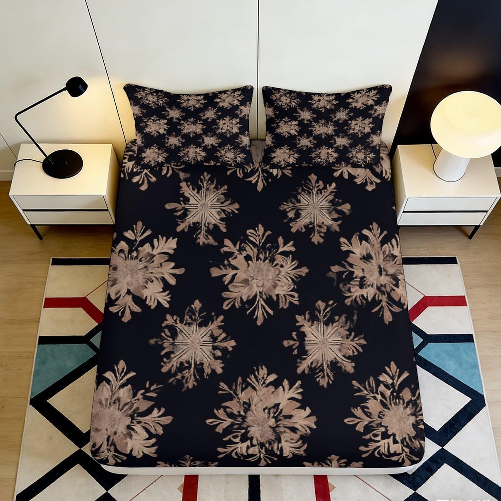 3D Printed Snowflake Fitted Sheet Microfiber Soft Durable Dark Pattern Bed Cover for Bedroom Dormitory Guest Room Mattress Protection 140x200x25cm