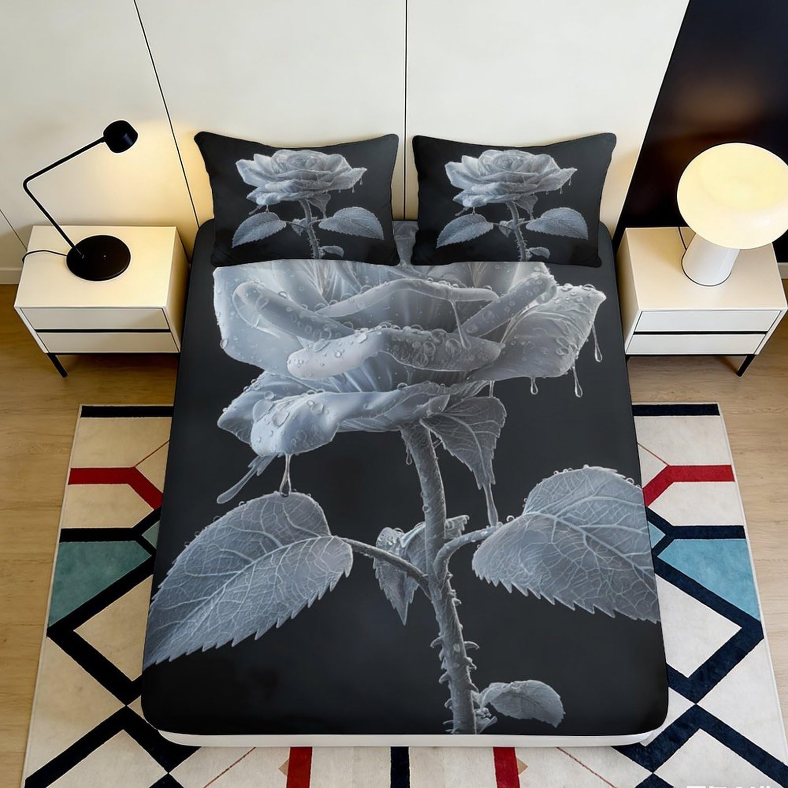 3D Printed Grey Rose Fitted Sheet Microfiber Soft Anti-Slip Waterdrop Flower Bed Cover Bedroom Dorm Mattress Protector 90x200x25cm