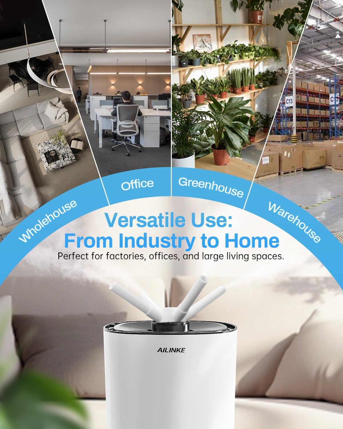 Humidifier large room 16L/4.2Gal - AILINKE Whole house Humidifier for Home 2000 sq.ft. with 3 Atomizers, Ultrasonic Cool Mist Humidifiers for Bedroom Plants with Extension Tube, White