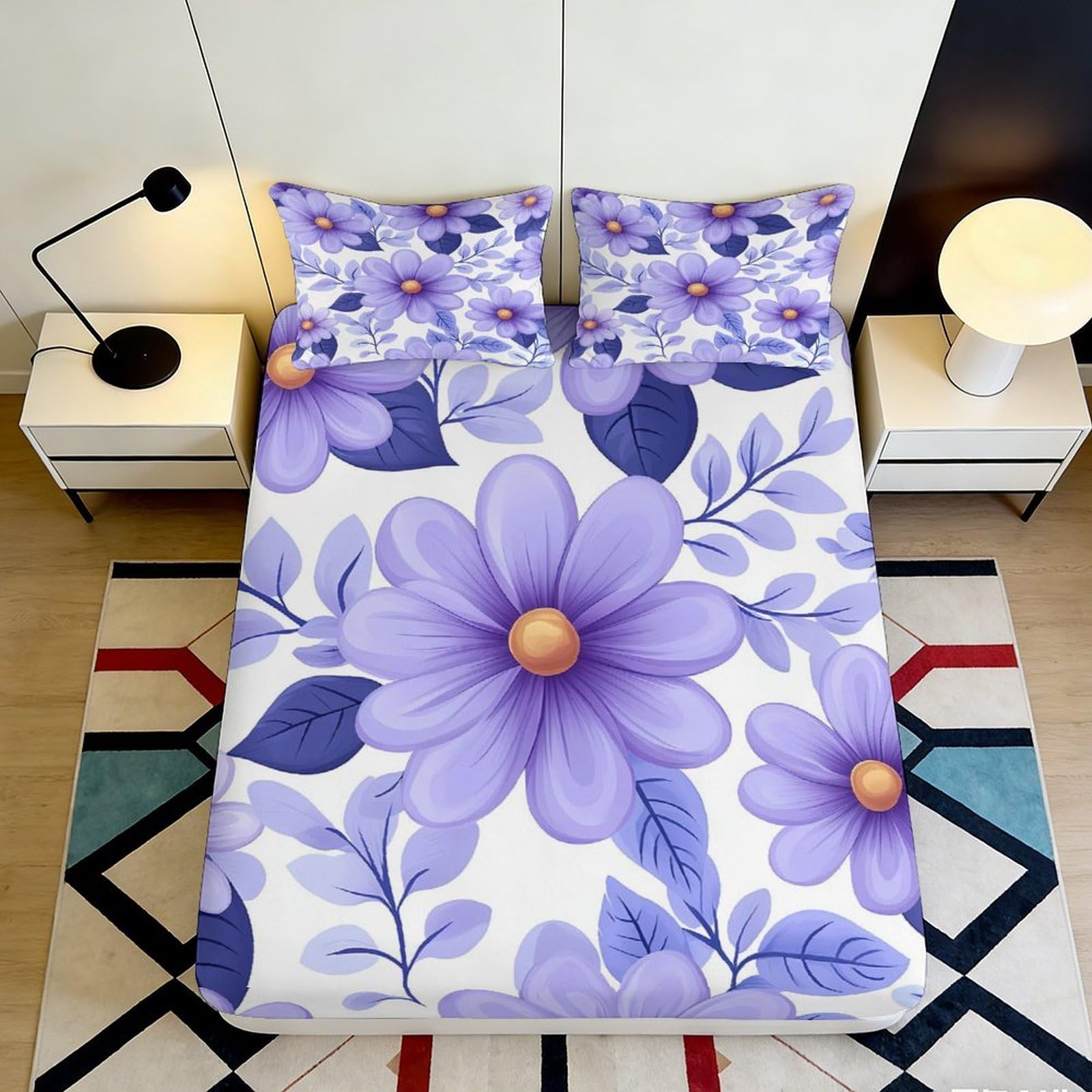 3D Printed Violet Daisy Fitted Sheet Microfiber Floral Decor Lavender Blossom Mattress Cover for Bedroom Guest Room 90x200x25cm