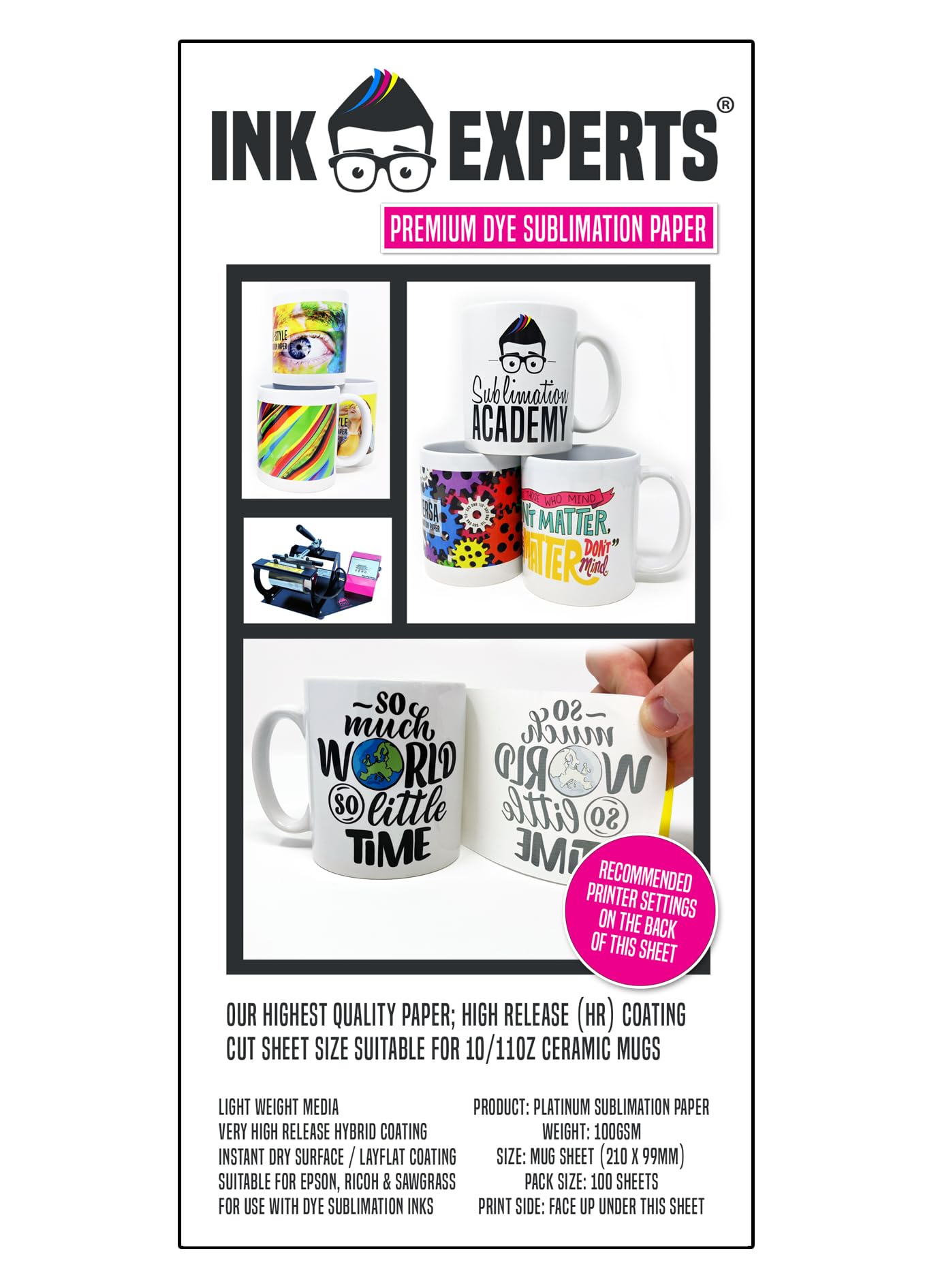 Ink Experts Platinum Premium Mug Size Sublimation Paper 100gsm (100)