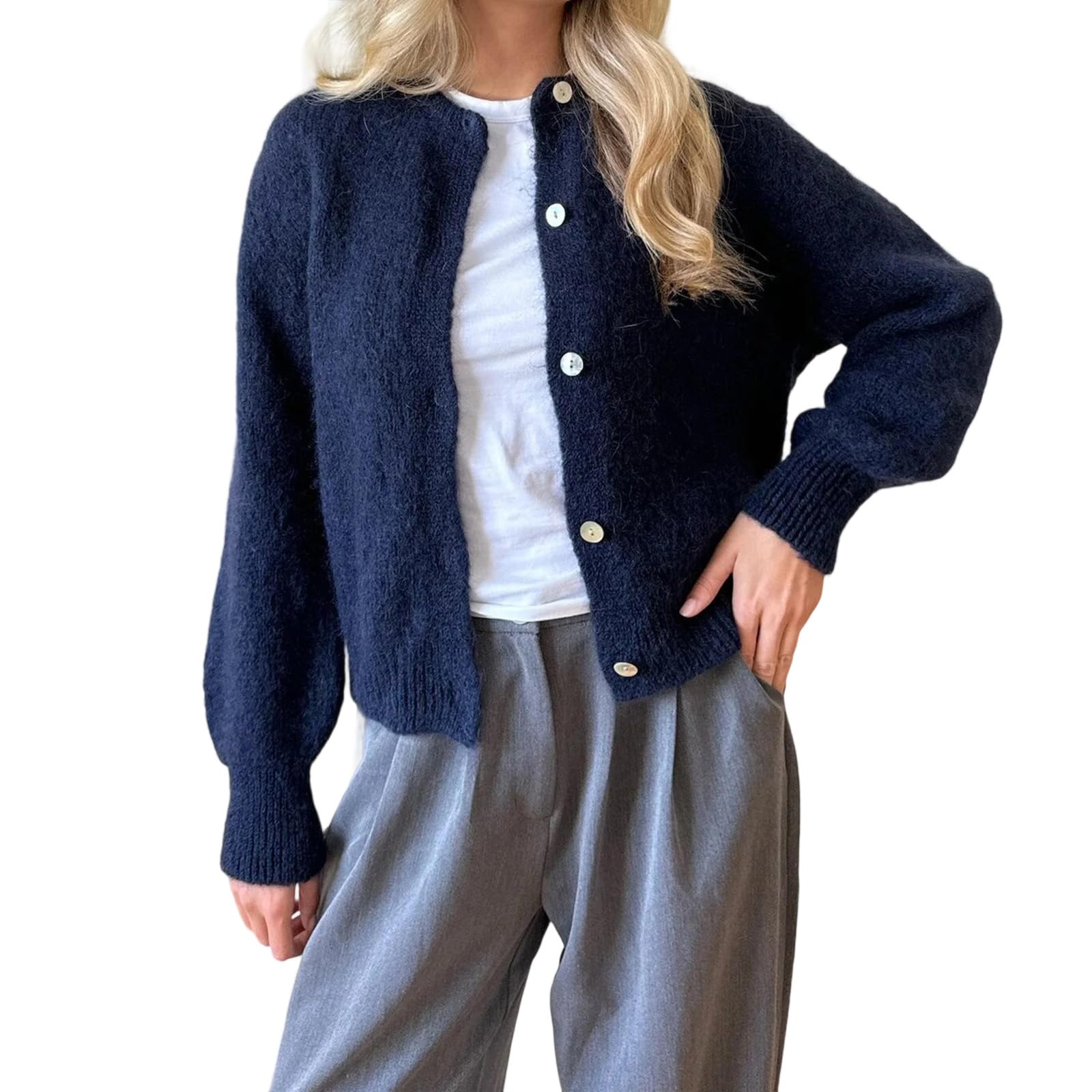Women Button Up Cardigan Sweater Y2k Fuzzy Contrast Trim Crew Neck Long Sleeve Cable Cardigan Coat Going Out Fall Warm Knitwear (F-04, M)
